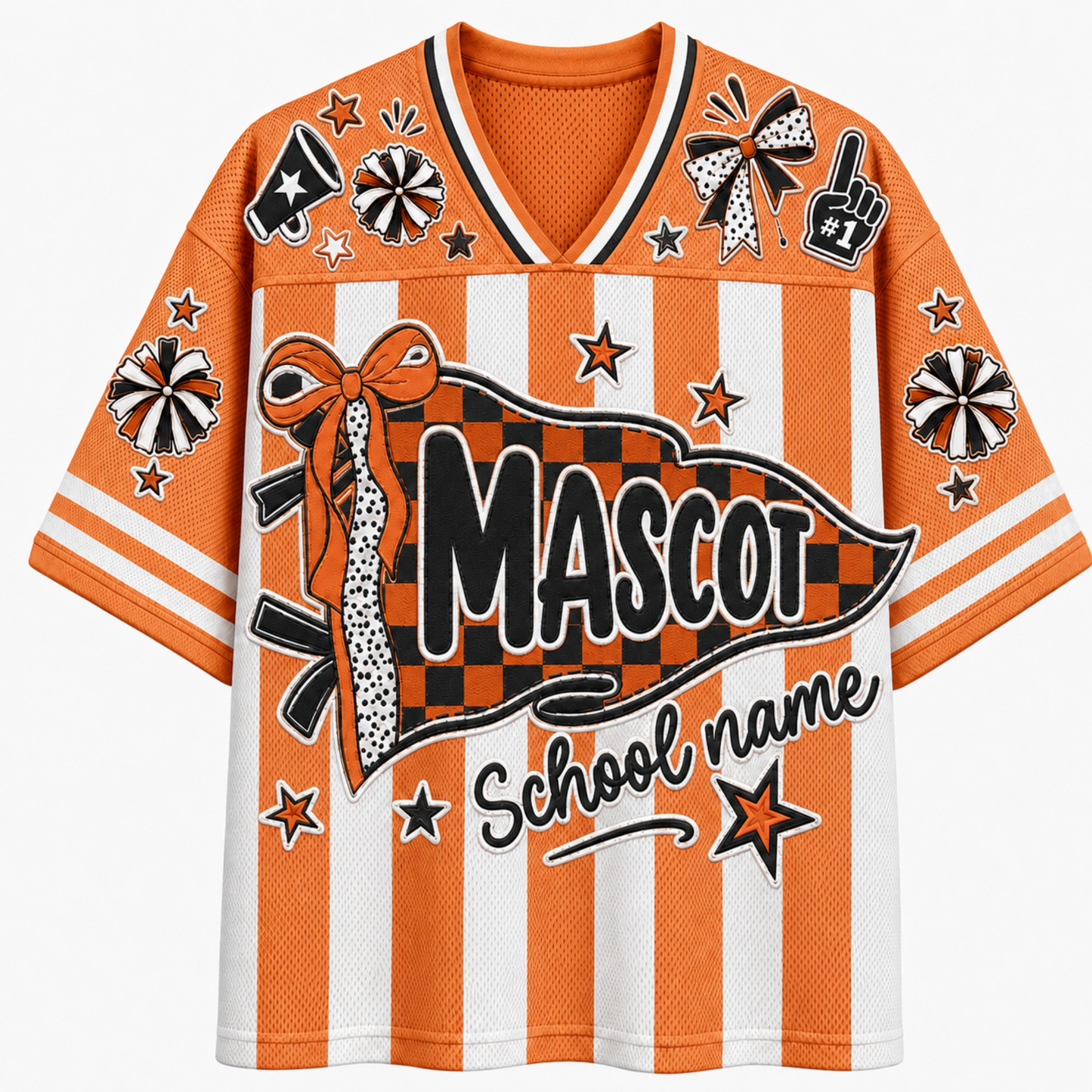 An orange and white striped mesh V-neck t-shirt with a customizable 'Mascot' school name graphic on the front, decorated with sports-themed doodles like stars, bows, and a megaphone.