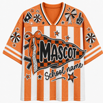 An orange and white striped mesh V-neck t-shirt with a customizable 'Mascot' school name graphic on the front, decorated with sports-themed doodles like stars, bows, and a megaphone.