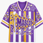 A purple and white striped athletic-style jersey with yellow accents, featuring the word 'MASCOT' and 'School name' printed on the front, along with cheerleader-themed graphics like bows, pom-poms, stars, and a foam finger.