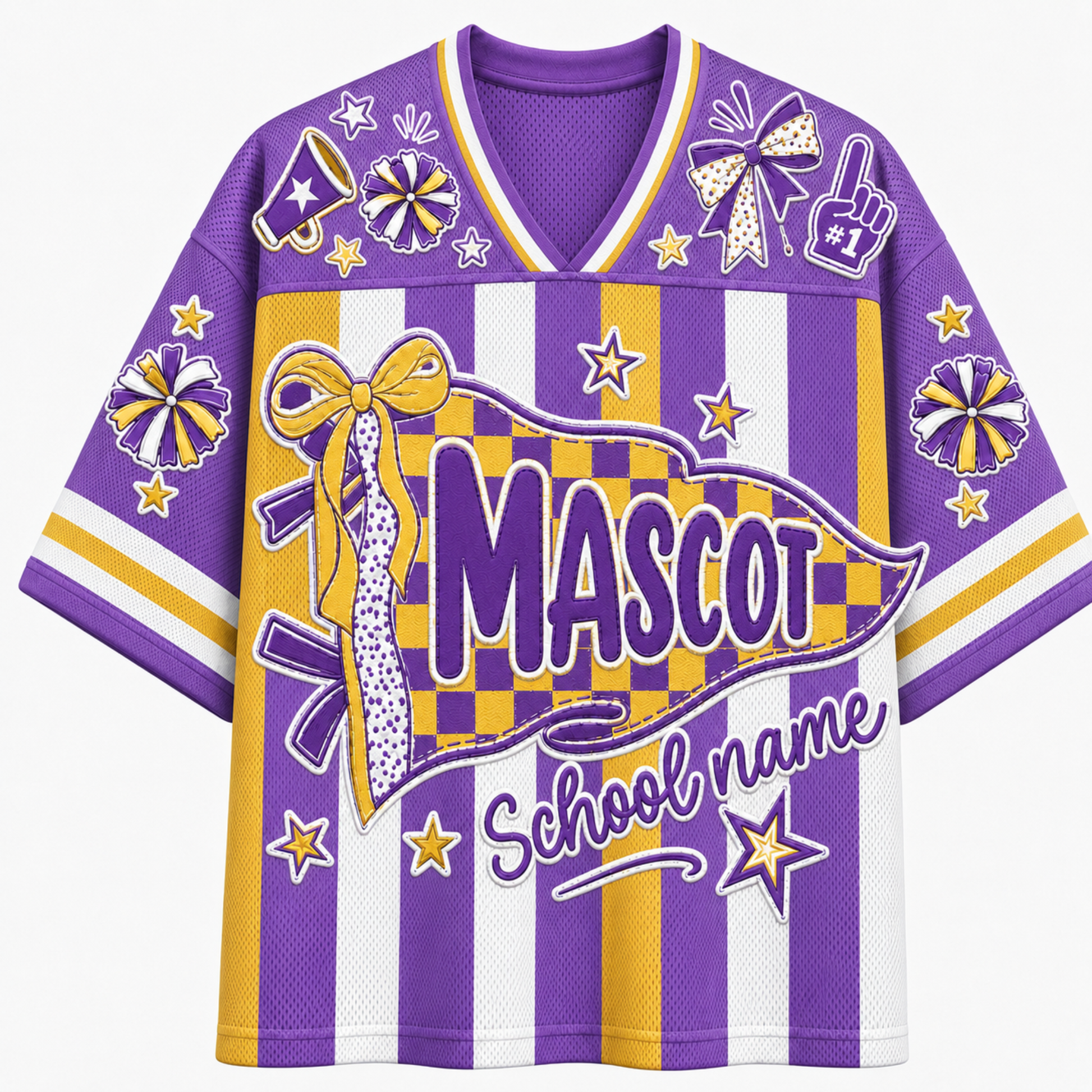 A purple and white striped athletic-style jersey with yellow accents, featuring the word 'MASCOT' and 'School name' printed on the front, along with cheerleader-themed graphics like bows, pom-poms, stars, and a foam finger.