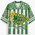 A green and white striped V-neck jersey with a large front graphic featuring the word 'Mascot' on a yellow-and-green checkered pennant, plus stars, bows, pom-poms, and foam fingers.