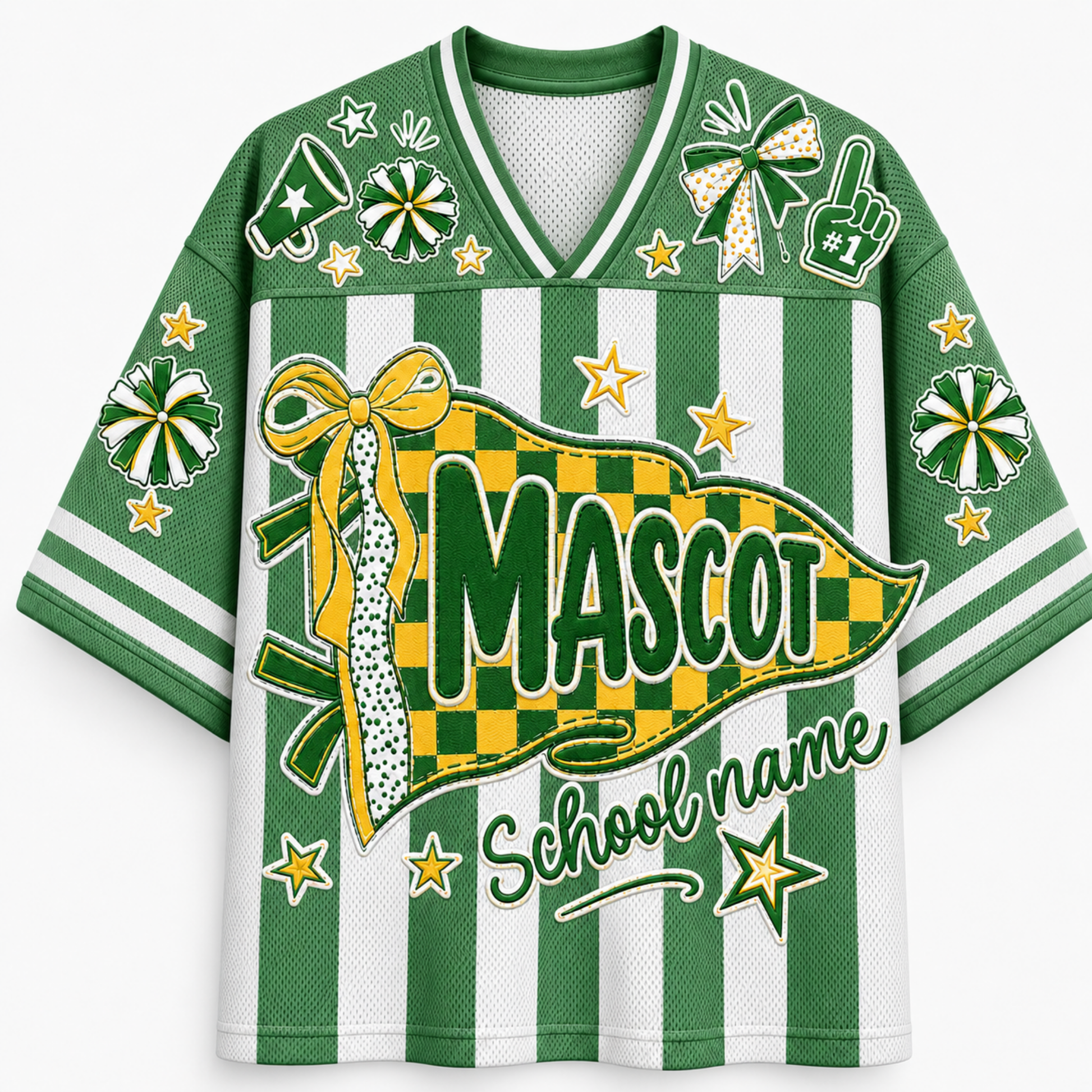 A green and white striped V-neck jersey with a large front graphic featuring the word 'Mascot' on a yellow-and-green checkered pennant, plus stars, bows, pom-poms, and foam fingers.