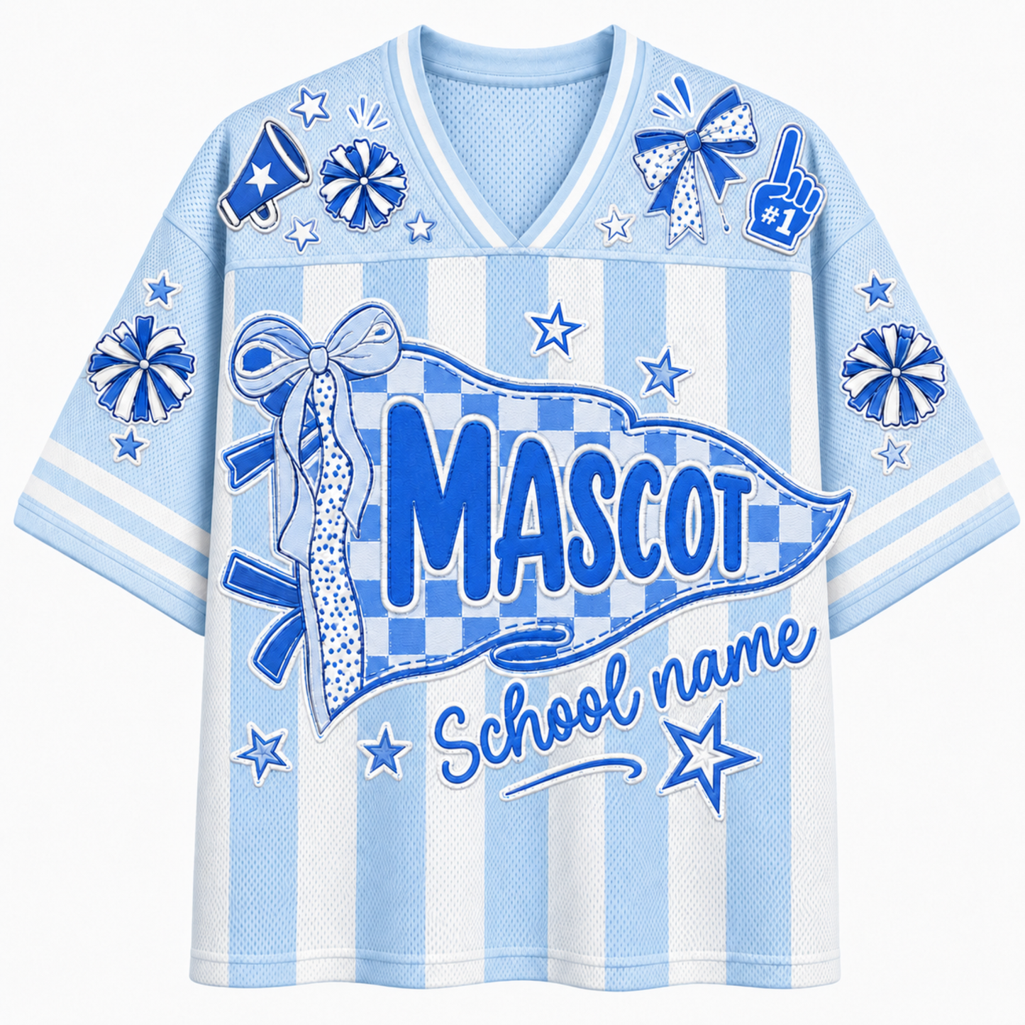 A light blue and white striped athletic-style t-shirt with a mesh texture, featuring a large blue 'MASCOT' banner graphic, 'School name' text, stars, bows, and pom-pom designs on a white background.