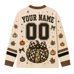 Back view of the customizable Chaotic Club long sleeve jersey showcasing 'YOUR NAME' typography above a distressed black athletic number 00 with a camo pumpkin below.