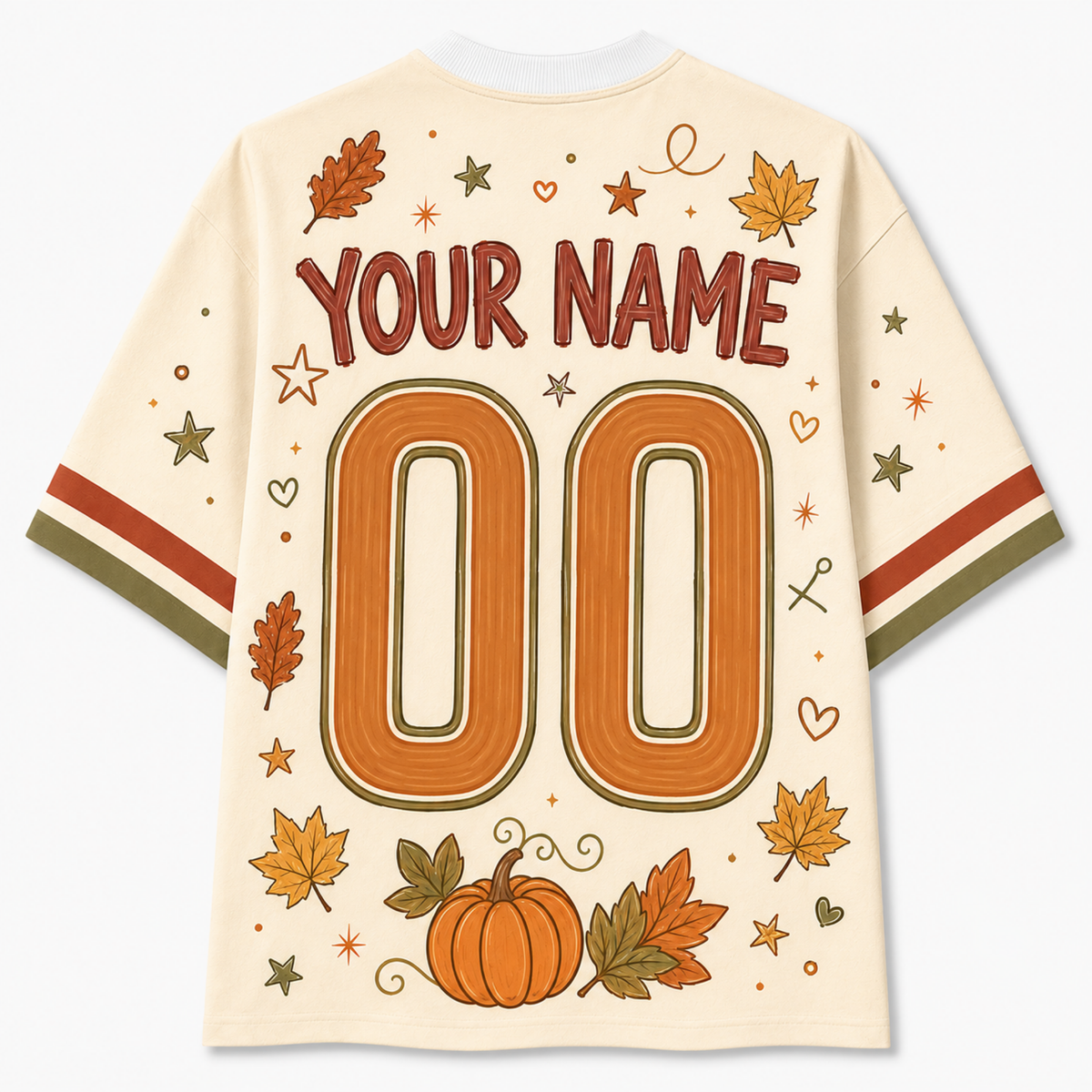 Back view of the customizable Chaotic Club autumn jersey showcasing 'YOUR NAME' typography above an orange and olive green athletic number 00 with fall foliage doodles.