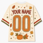 Back view of the customizable Chaotic Club autumn jersey showcasing 'YOUR NAME' typography above an orange and olive green athletic number 00 with fall foliage doodles.