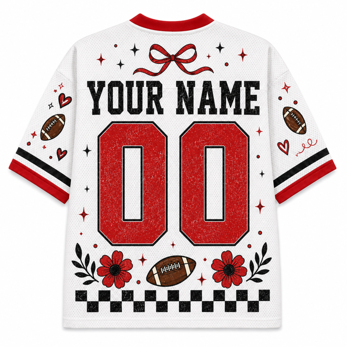 White mesh short-sleeve football jersey shown from the back, featuring customizable black text reading 'YOUR NAME' above large red '00' numbers. The design includes red flowers, black-and-white checkers, red bows, stars, hearts, football motifs, and red/black striped sleeve cuffs on a plain white background.