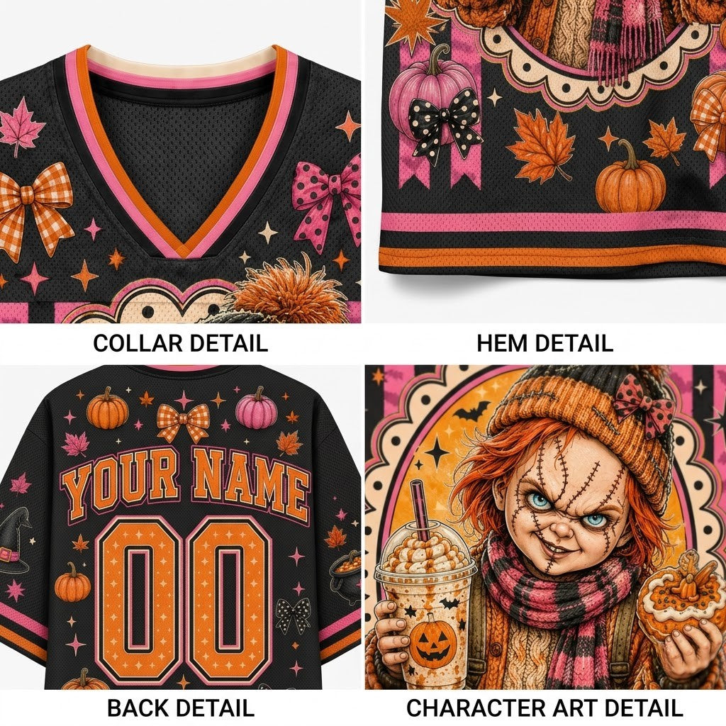 A four-panel collage showing Halloween-themed custom jersey details: collar detail, hem detail, back detail with customizable text and number, and character art detail. The jersey is black with orange, pink, and white autumn motifs including pumpkins, bows, stars, and a horror character illustration.