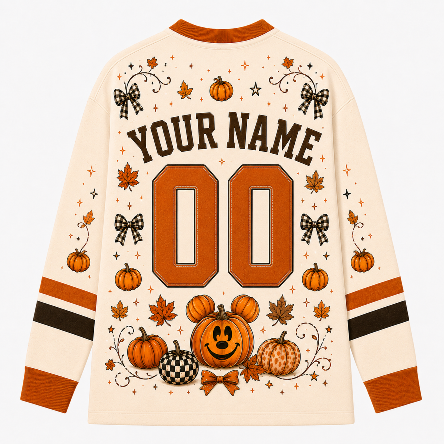 Back view of the customizable Chaotic Club long sleeve jersey showcasing 'YOUR NAME' typography above an orange athletic number 00 with a Mickey pumpkin graphic below.
