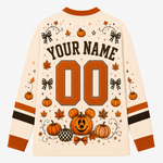 Back view of the customizable Chaotic Club long sleeve jersey showcasing 'YOUR NAME' typography above an orange athletic number 00 with a Mickey pumpkin graphic below.
