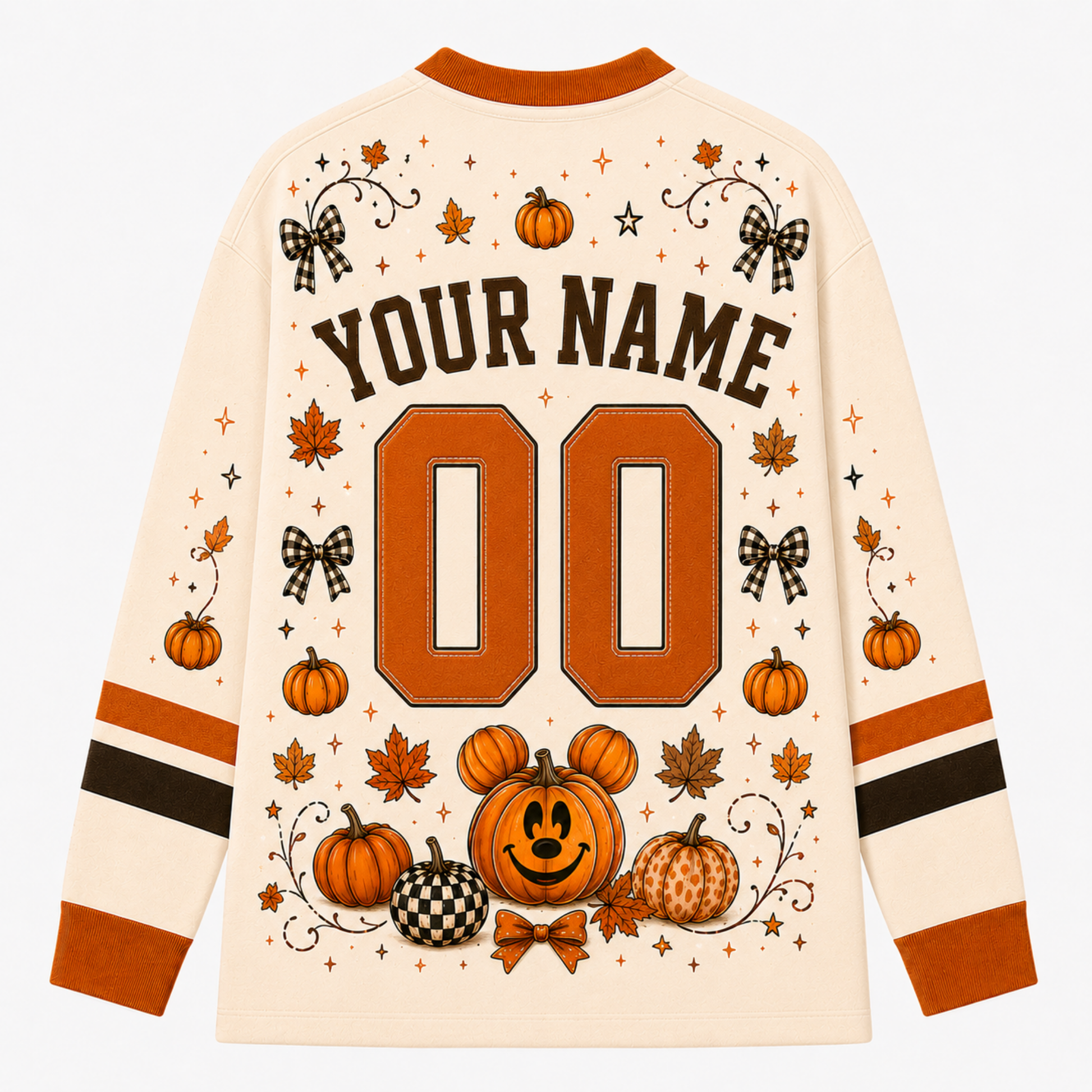 Back view of the customizable Chaotic Club long sleeve jersey showcasing 'YOUR NAME' typography above an orange athletic number 00 with a Mickey pumpkin graphic below.