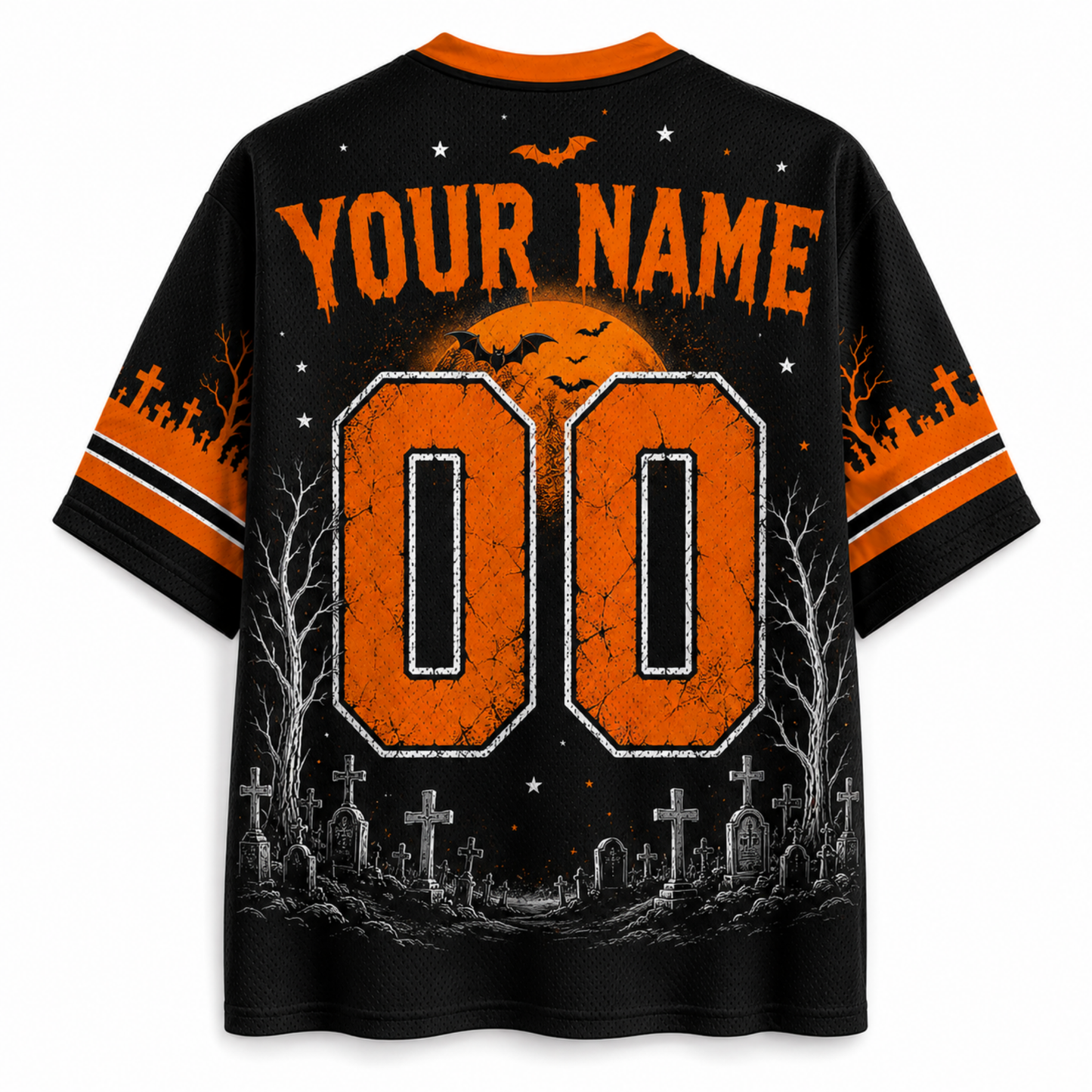 A customizable black and orange Halloween t-shirt shown from the back, featuring a large orange '00' with a cracked texture, a spooky graveyard graphic, and the placeholder text 'YOUR NAME' and '00'.