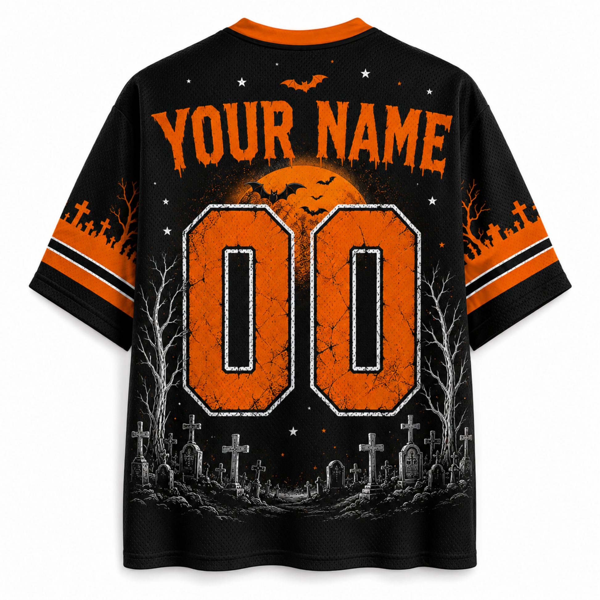 A customizable black and orange Halloween t-shirt shown from the back, featuring a large orange '00' with a cracked texture, a spooky graveyard graphic, and the placeholder text 'YOUR NAME' and '00'.