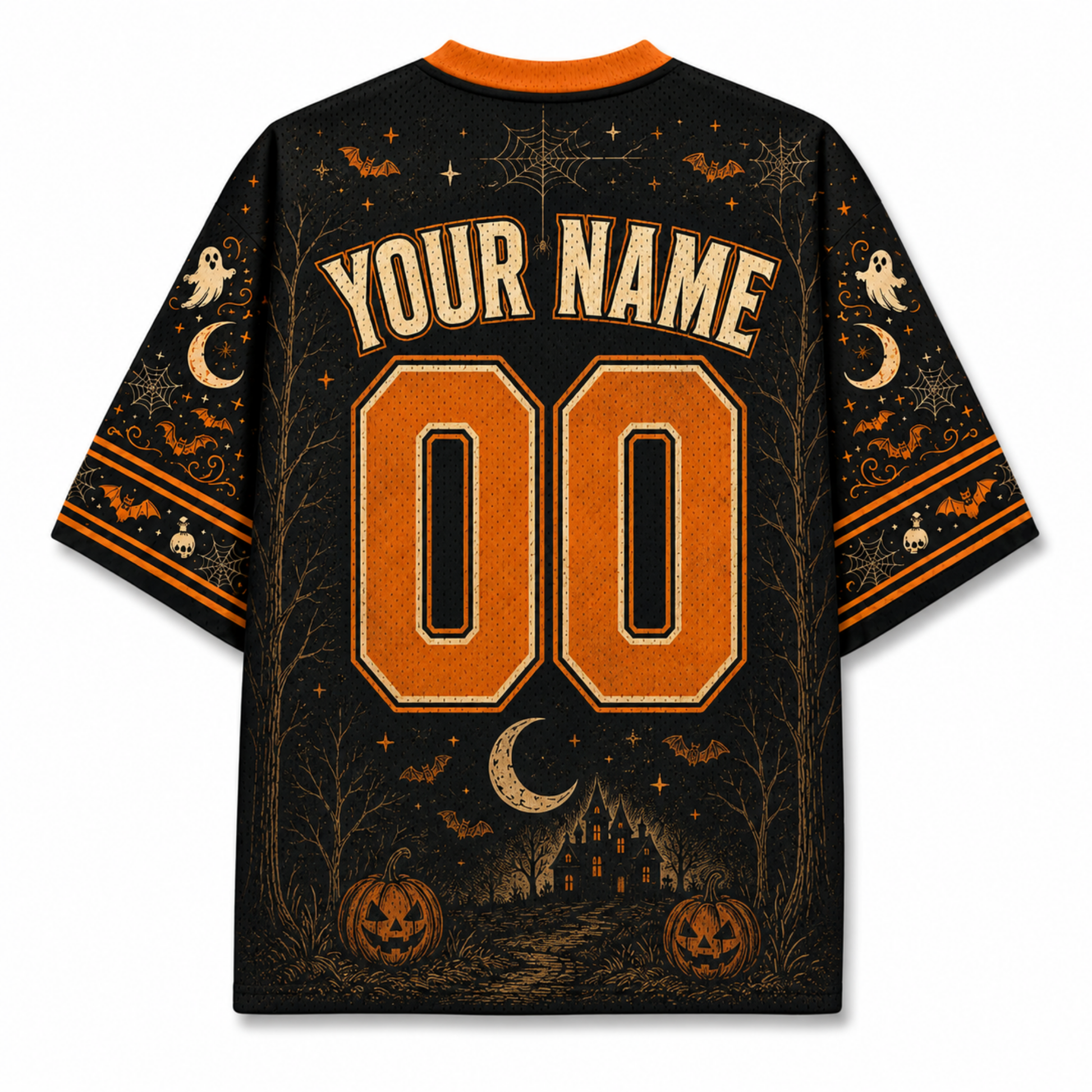A black short-sleeve t-shirt with a Halloween-themed graphic print, featuring 'YOUR NAME' and '00' in orange block letters on the back, surrounded by pumpkins, a haunted house, bats, and a crescent moon.
