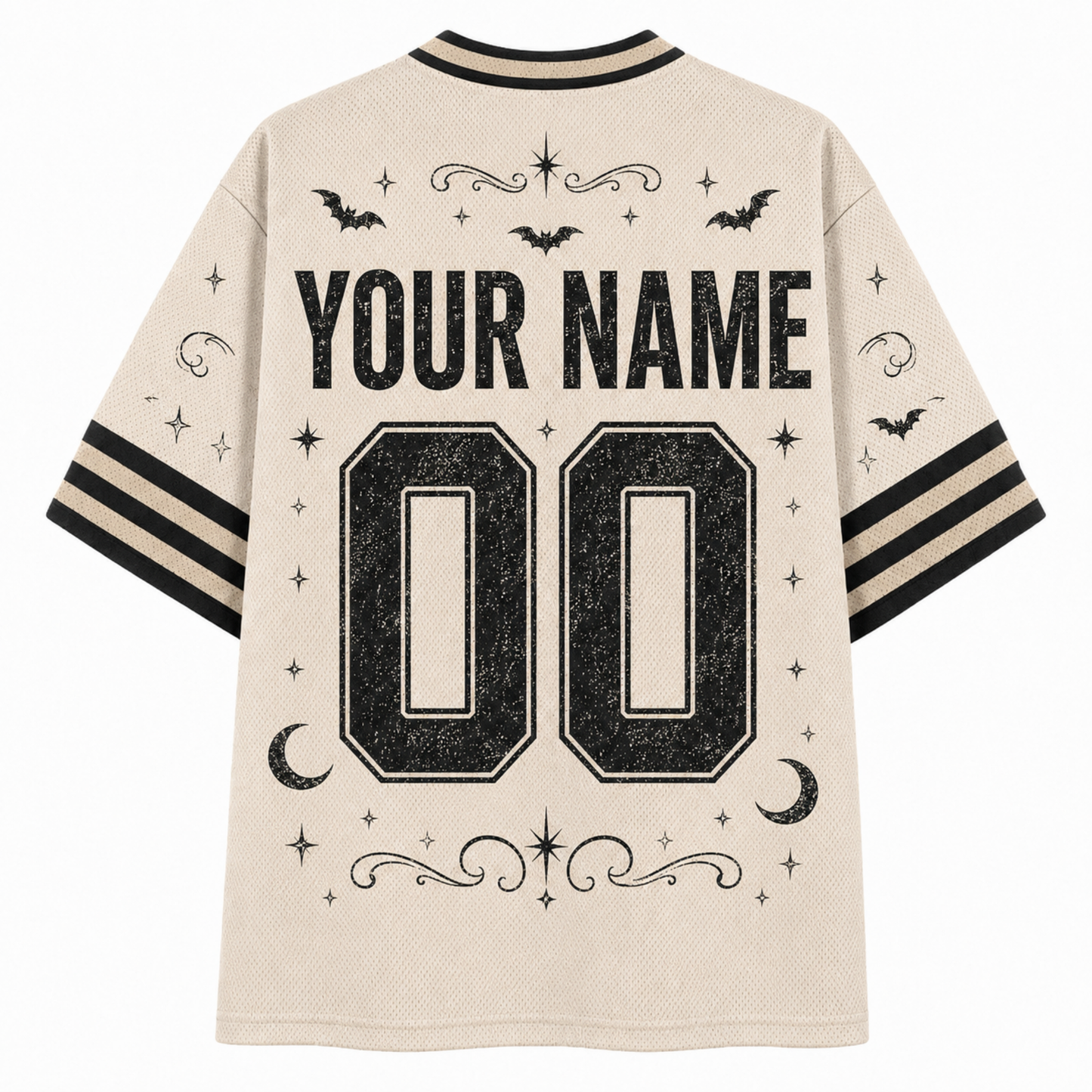 Back view of a cream-colored mesh short-sleeve jersey with black graphic prints including 'YOUR NAME', '00', bats, moons, stars, and stripes on the sleeves.