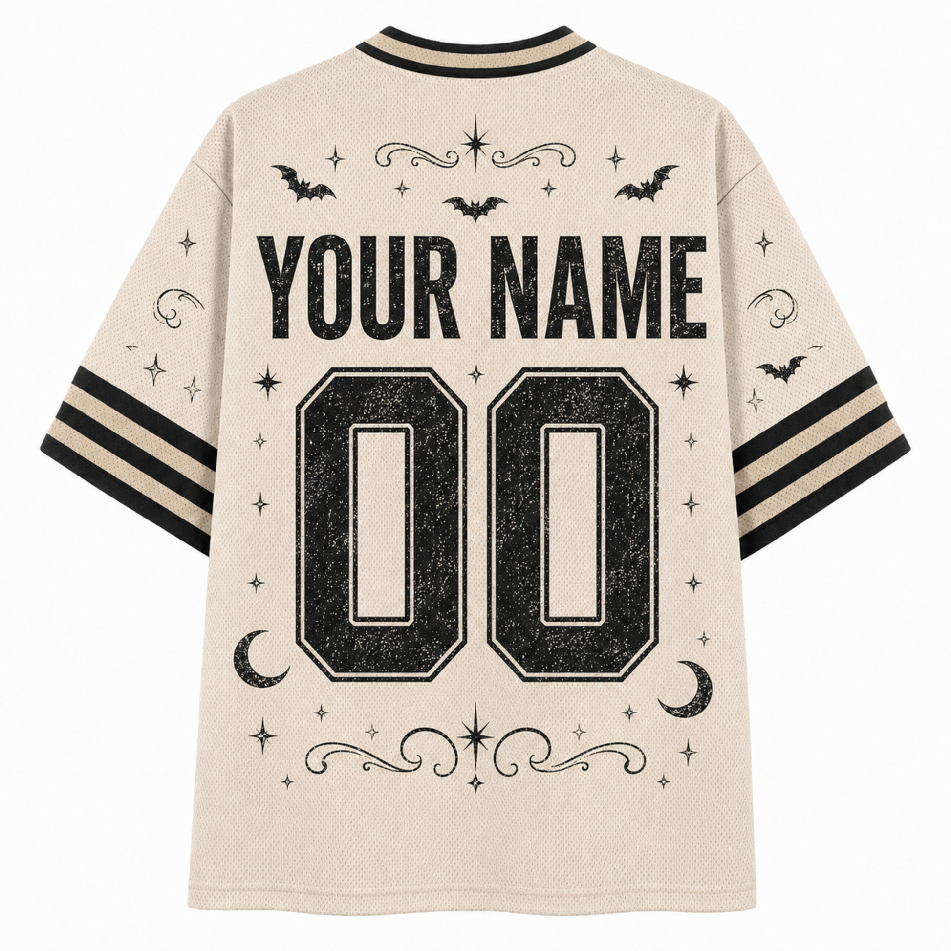 Back view of a cream-colored mesh short-sleeve jersey with black graphic prints including 'YOUR NAME', '00', bats, moons, stars, and stripes on the sleeves.