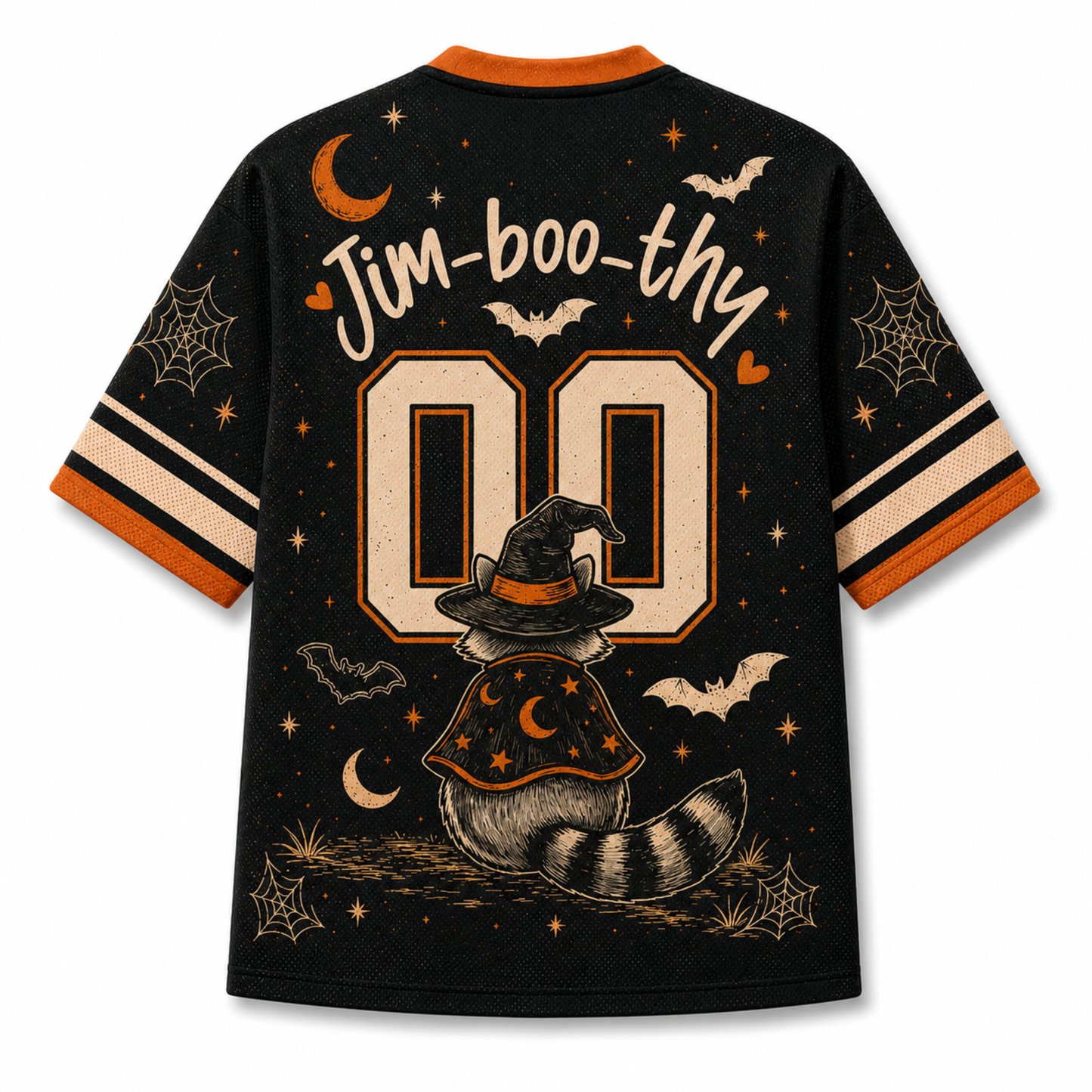 A black short-sleeve t-shirt with a Halloween-themed graphic on the back. The design features the text 'Jim-boo-thy' in a white script font above a large, distressed cream-colored number '00'.