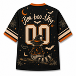 A black short-sleeve t-shirt with a Halloween-themed graphic on the back. The design features the text 'Jim-boo-thy' in a white script font above a large, distressed cream-colored number '00'.