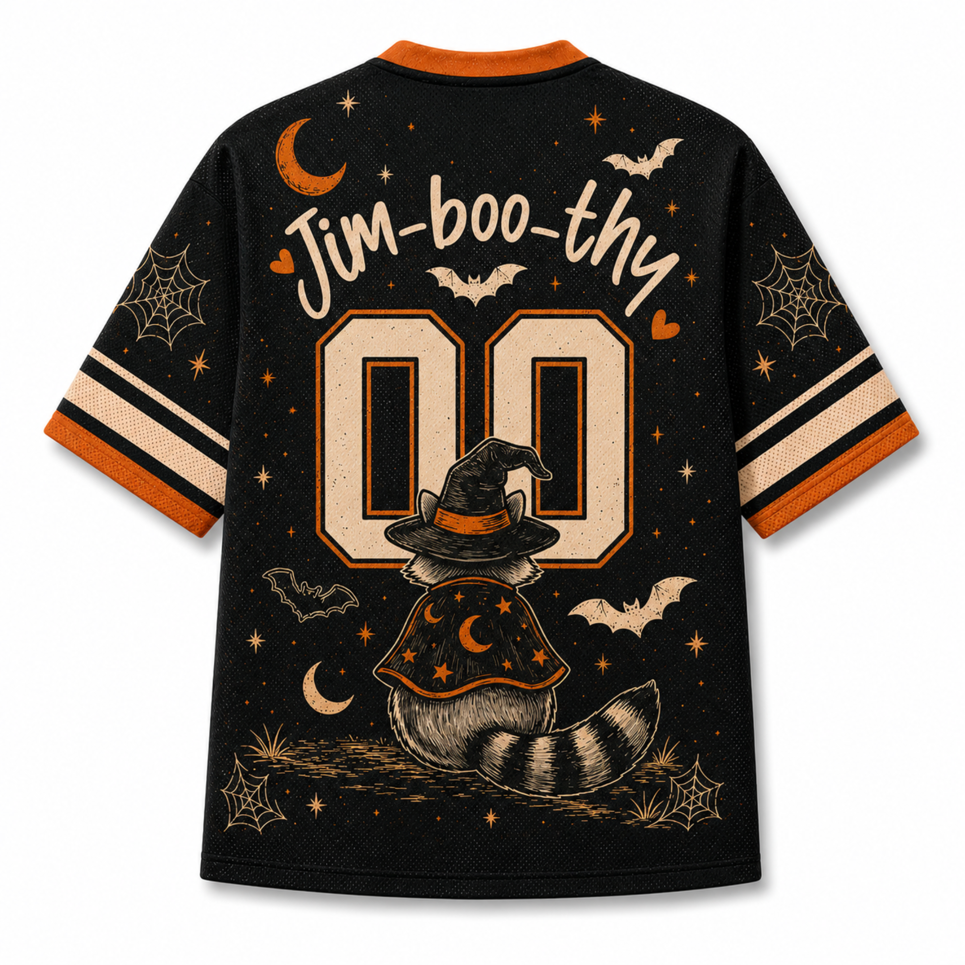 A black short-sleeve t-shirt with a Halloween-themed graphic on the back. The design features the text 'Jim-boo-thy' in a white script font above a large, distressed cream-colored number '00'.