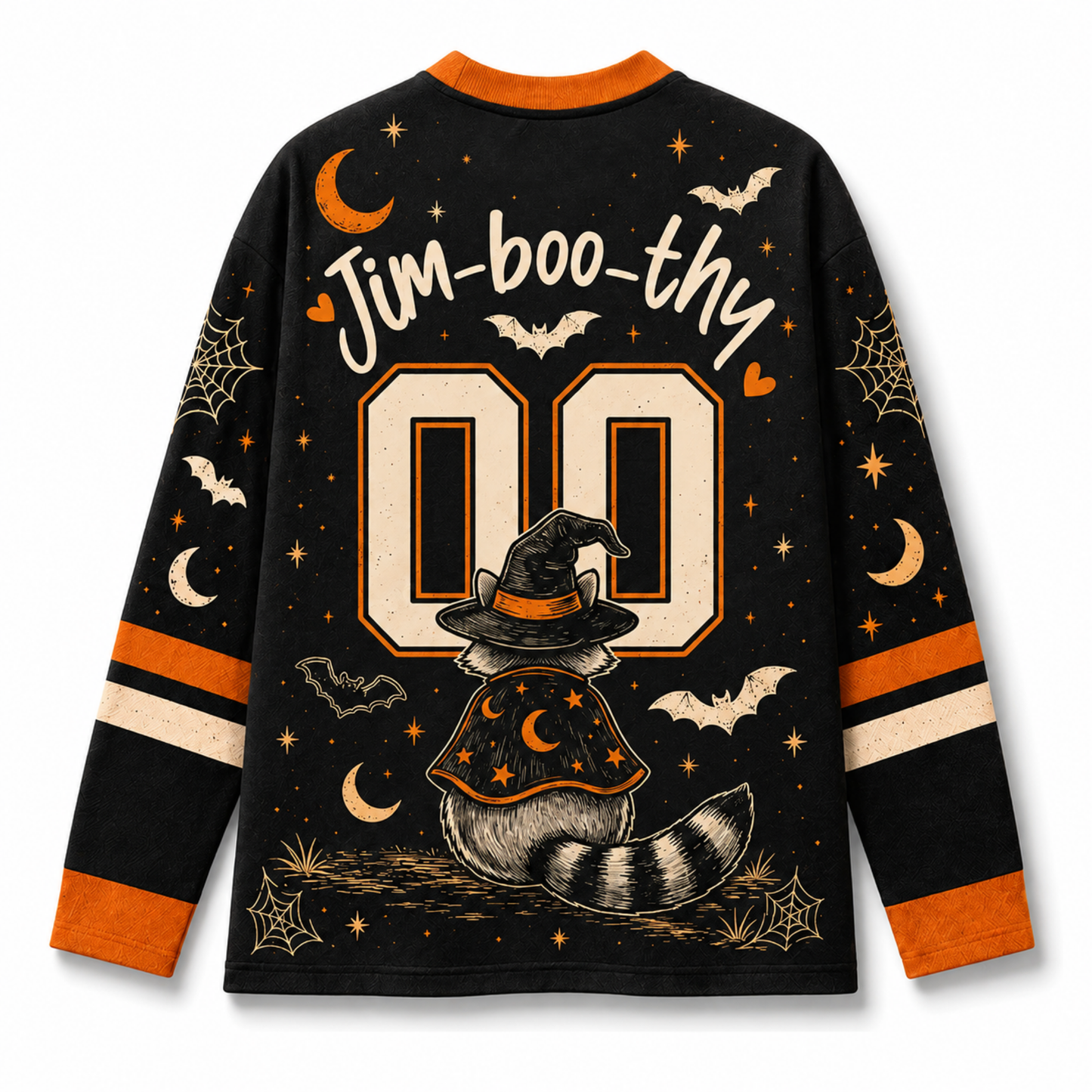 A long-sleeve black Halloween-themed jersey-style shirt shown from the back, with orange and cream graphics including the text 'Jim-boo-thy', large '00' numerals, bats, moons, spiderwebs, stars, and a witch hat and tail illustration.