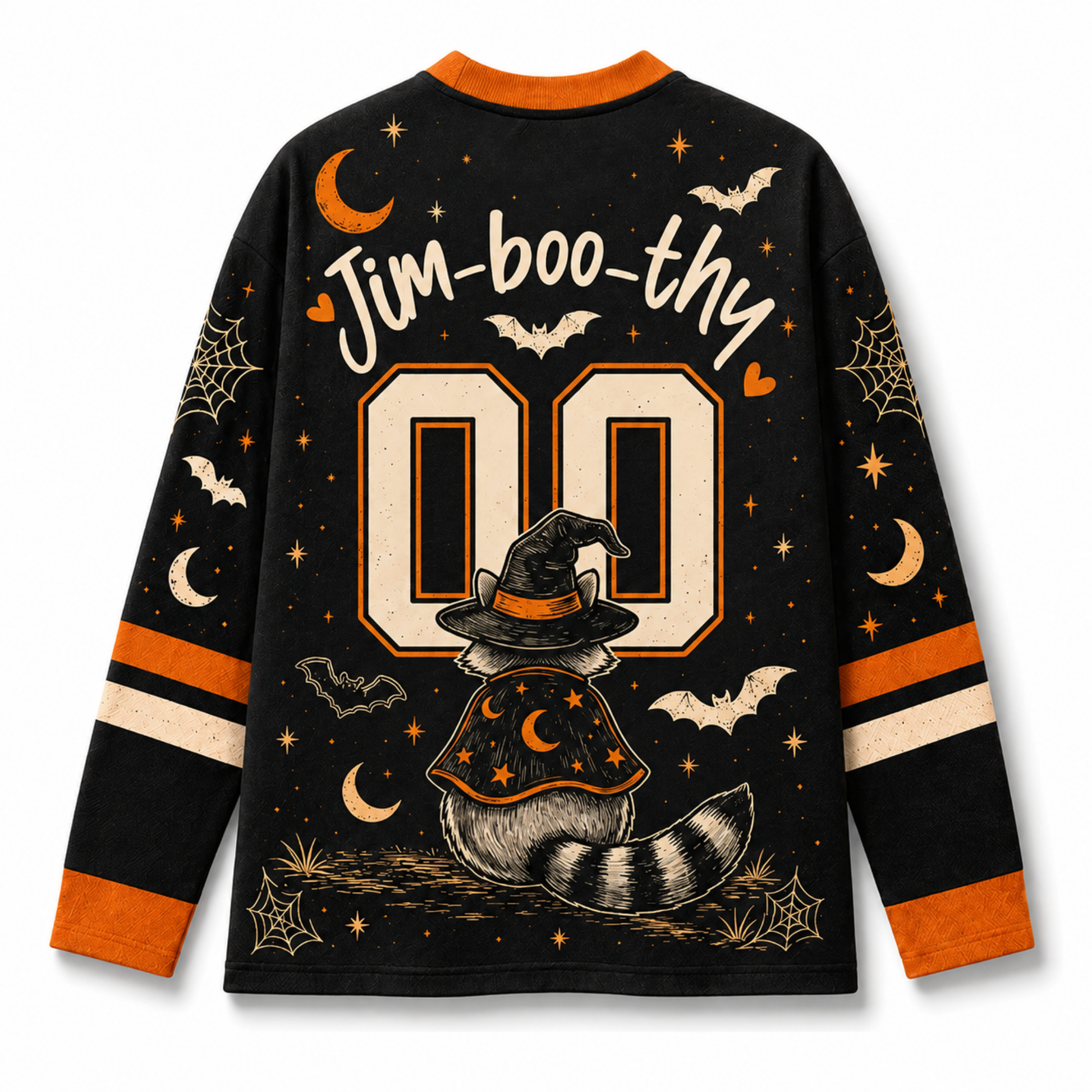 A long-sleeve black Halloween-themed jersey-style shirt shown from the back, with orange and cream graphics including the text 'Jim-boo-thy', large '00' numerals, bats, moons, spiderwebs, stars, and a witch hat and tail illustration.