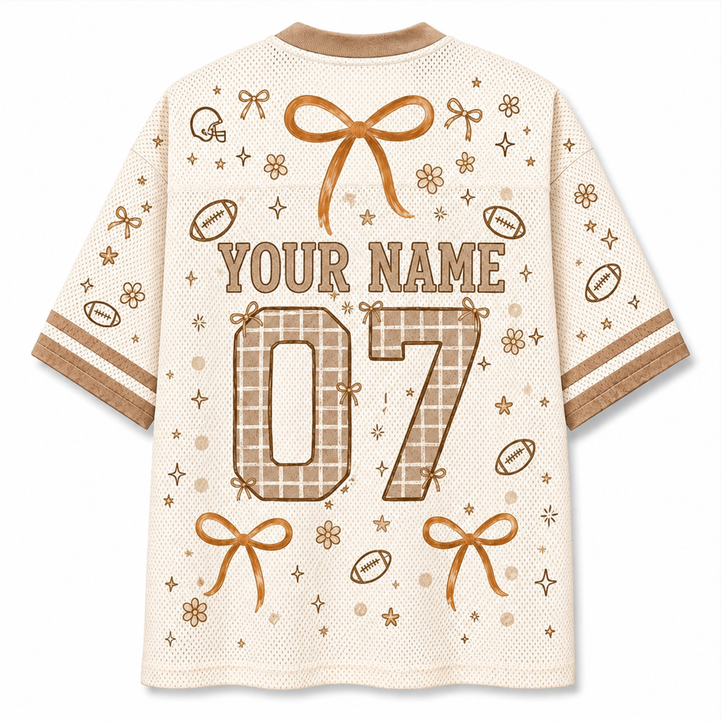 Back view of a cream-colored athletic jersey with brown and gold custom print, featuring the text 'YOUR NAME' and the number '07' with football and bow motifs.