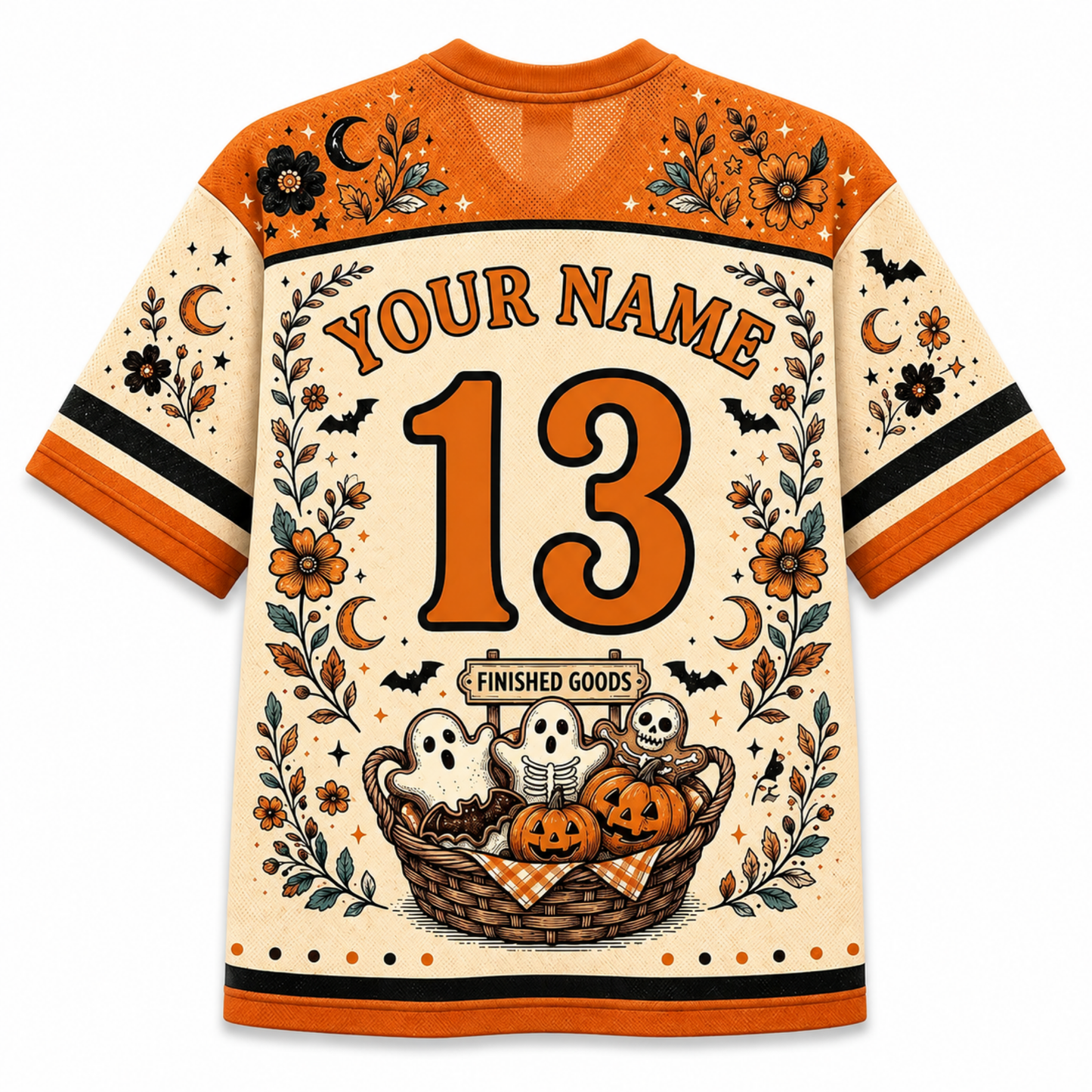 A custom Halloween-themed sports jersey shown from the back, featuring orange and cream colors with a floral, bat, ghost, and pumpkin graphic design. The back includes placeholder text 'YOUR NAME' and the number '13' with 'FINISHED GOODS' below it.