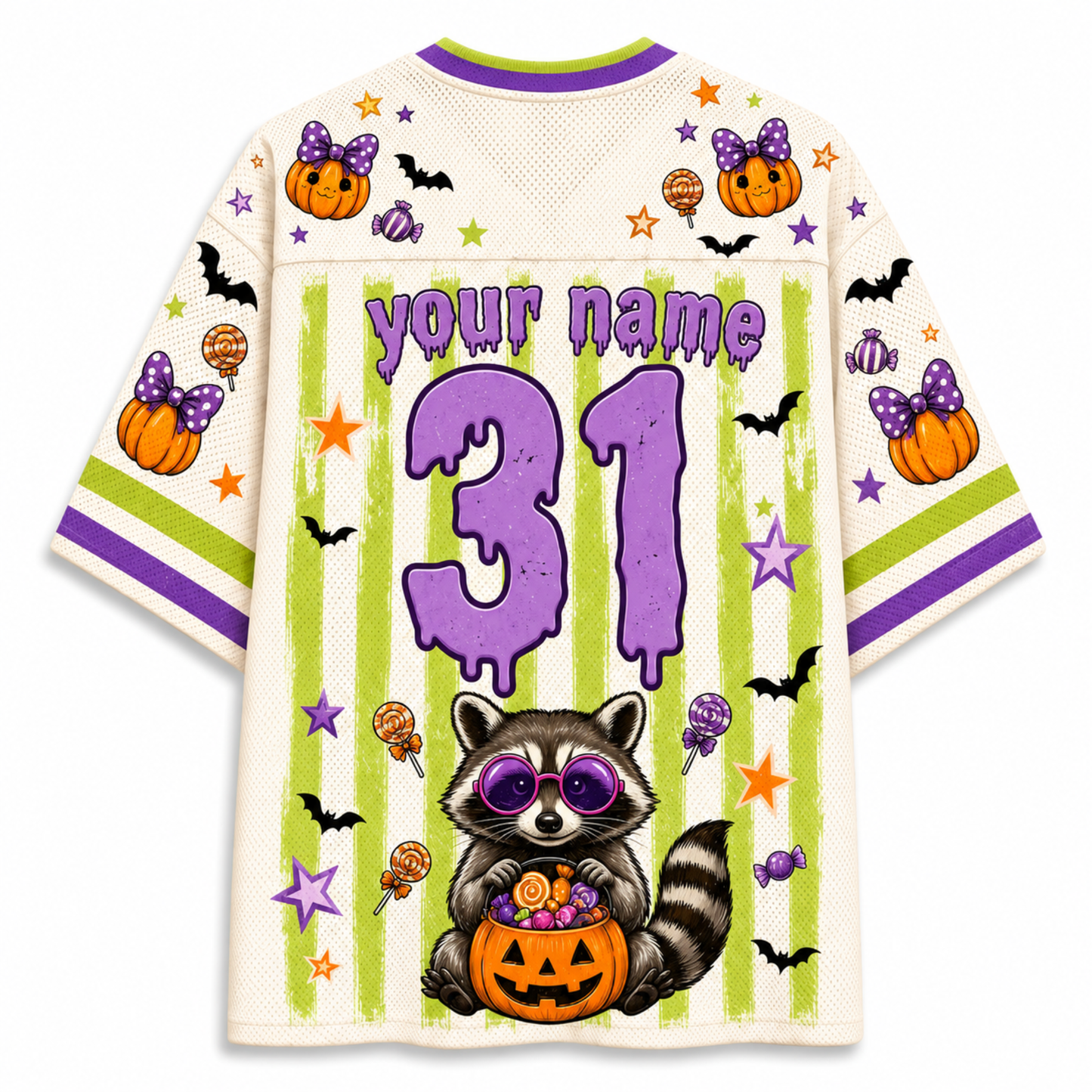 A Halloween-themed short-sleeve jersey shirt shown from the back, featuring a cream mesh base with purple and lime green graphics. The design includes the text 'your name', the number '31' in purple, a raccoon holding a jack-o'-lantern, bats, pumpkins, stars, and candy motifs.