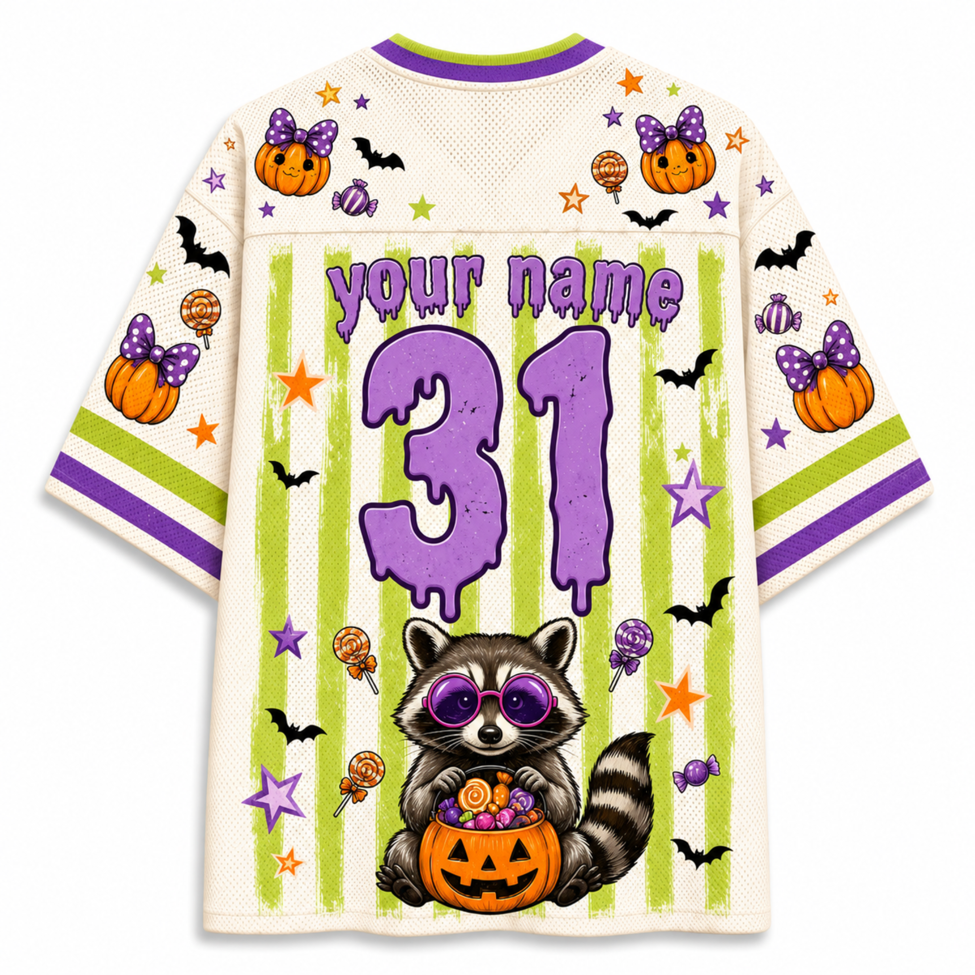 A Halloween-themed short-sleeve jersey shirt shown from the back, featuring a cream mesh base with purple and lime green graphics. The design includes the text 'your name', the number '31' in purple, a raccoon holding a jack-o'-lantern, bats, pumpkins, stars, and candy motifs.