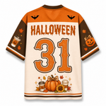 Chaotic Club Halloween sports jersey back view highlighting orange HALLOWEEN name text customization, large varsity number 31, and pumpkin spice latte cup graphics.