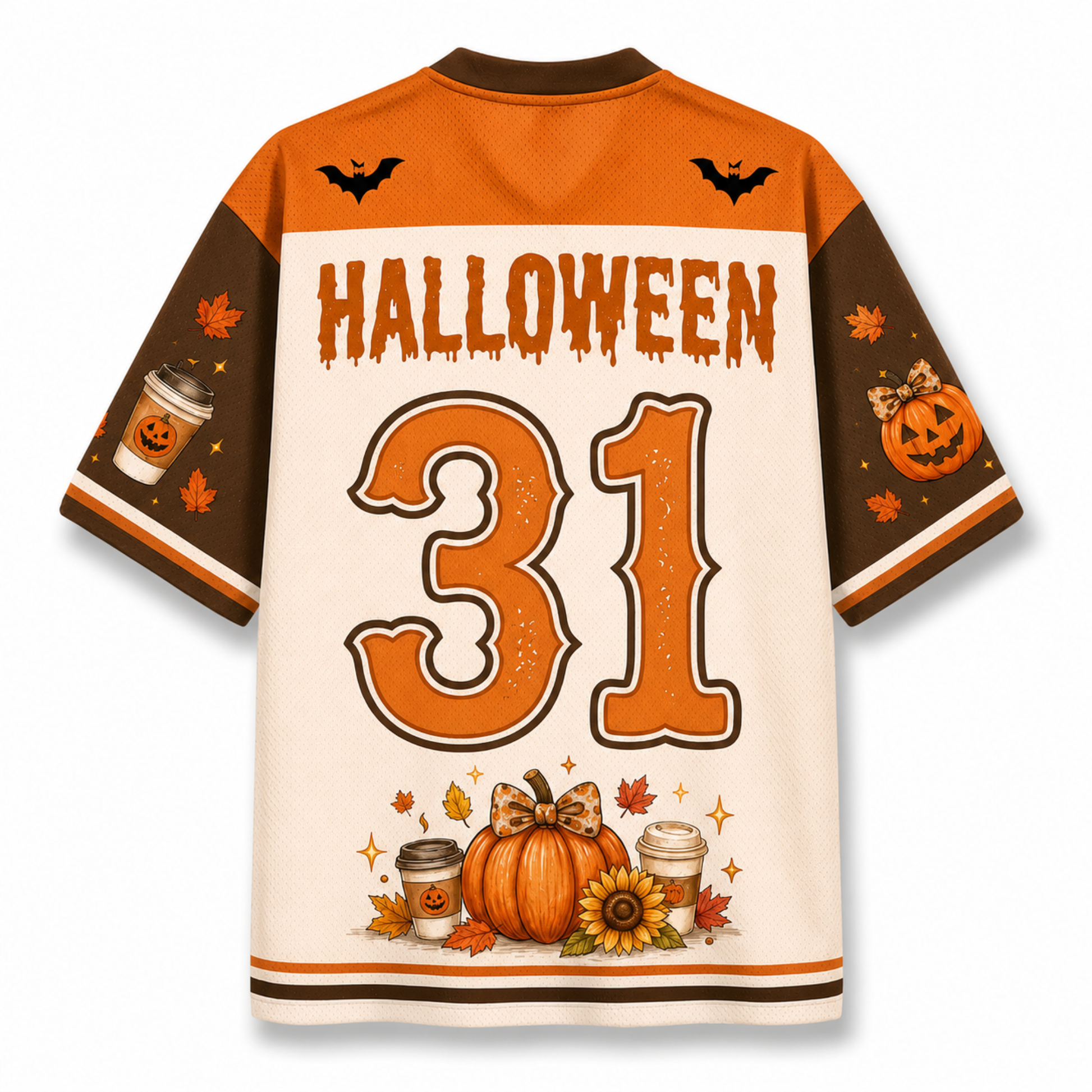 Chaotic Club Halloween sports jersey back view highlighting orange HALLOWEEN name text customization, large varsity number 31, and pumpkin spice latte cup graphics.