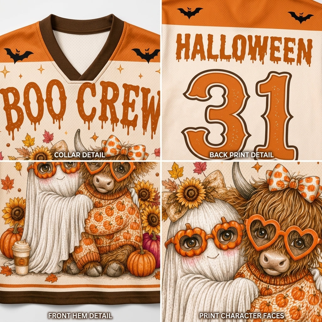 A 4-panel product collage showing a Halloween-themed sports jersey design. The top-left panel shows the collar and front hem with 'BOO CREW' text, bats, and orange trim.