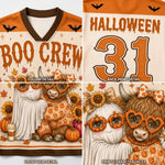 A 4-panel product collage showing a Halloween-themed sports jersey design. The top-left panel shows the collar and front hem with 'BOO CREW' text, bats, and orange trim.