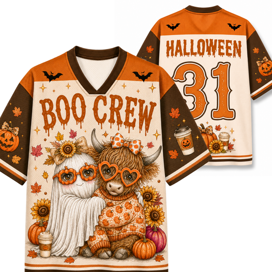 Chaotic Club Cute Highland Cow Ghost Halloween Mesh Jersey front and back view featuring a cute ghost hugging a fluffy highland cow, autumn pumpkins, and custom name text.