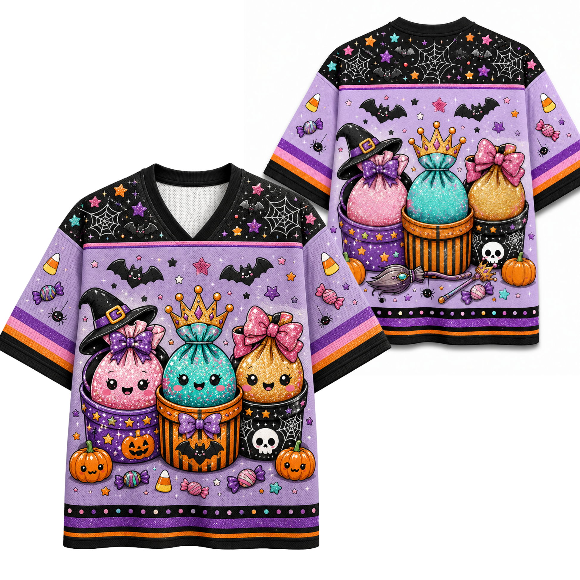 Front and back mockup preview of the pastel purple Chaotic Club Halloween jersey featuring cute glittery candy bags with witch hat and crown graphics.