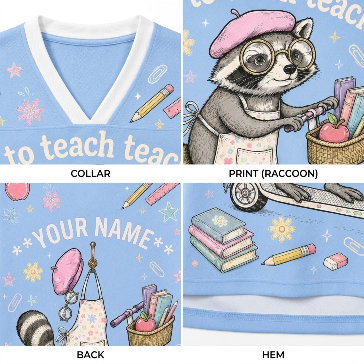 A four-panel product detail layout showing a light blue V-neck shirt: collar, print with a raccoon and school supplies, back design with placeholder text, and hem. The print includes a pink beret, glasses, books, apple, pencil, and raccoon details on a light blue background.