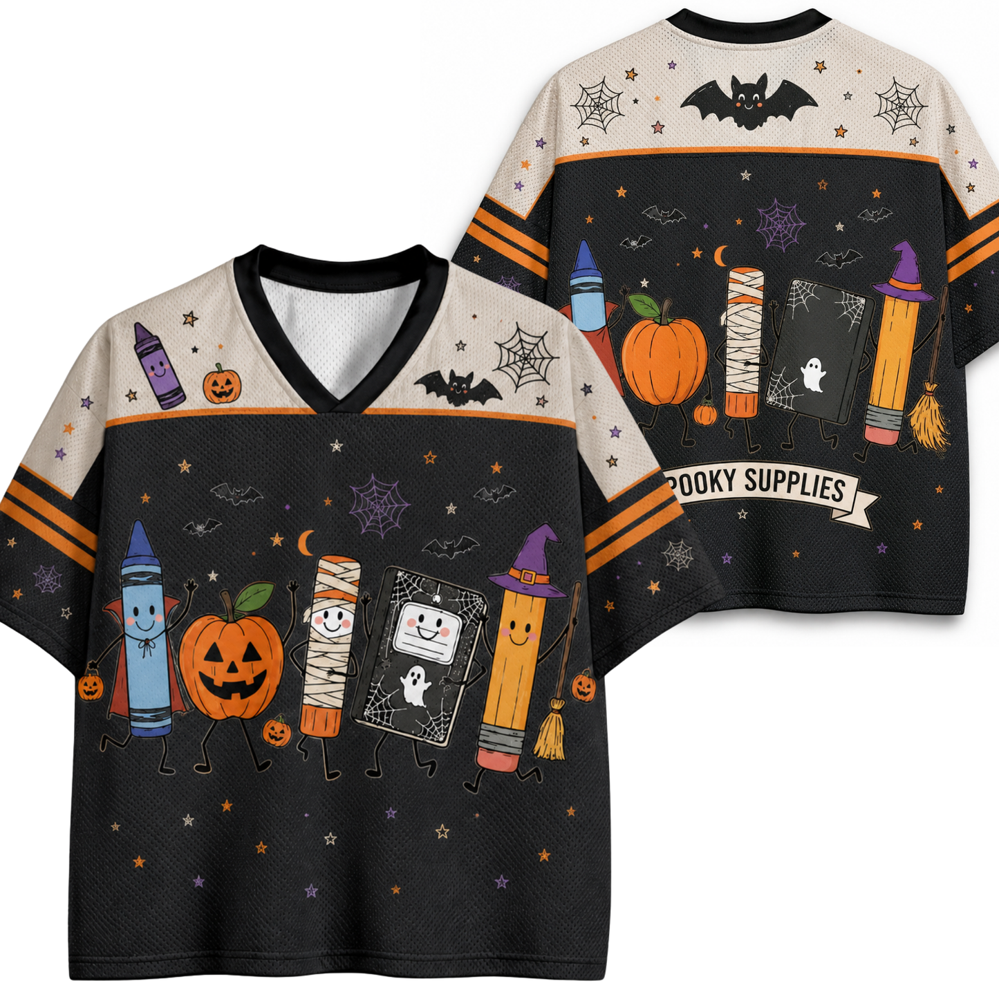 Front and back mockup preview of the black and cream Chaotic Club Halloween jersey featuring cute dressed-up school supplies and 'SPOOKY SUPPLIES' back ribbon.