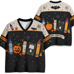 Front and back mockup preview of the black and cream Chaotic Club Halloween jersey featuring cute dressed-up school supplies and 'SPOOKY SUPPLIES' back ribbon.