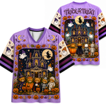 A purple Halloween-themed V-neck t-shirt shown from both the front and back. The shirt features a colorful graphic print of a haunted house, pumpkins, ghosts, skeletons, and teddy bears, with 'Trick or Treat' written across the shoulders.