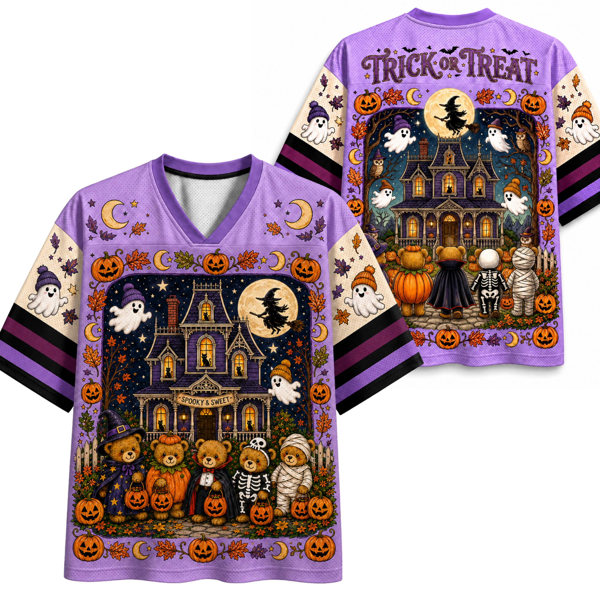 A purple Halloween-themed V-neck t-shirt shown from both the front and back. The shirt features a colorful graphic print of a haunted house, pumpkins, ghosts, skeletons, and teddy bears, with 'Trick or Treat' written across the shoulders.