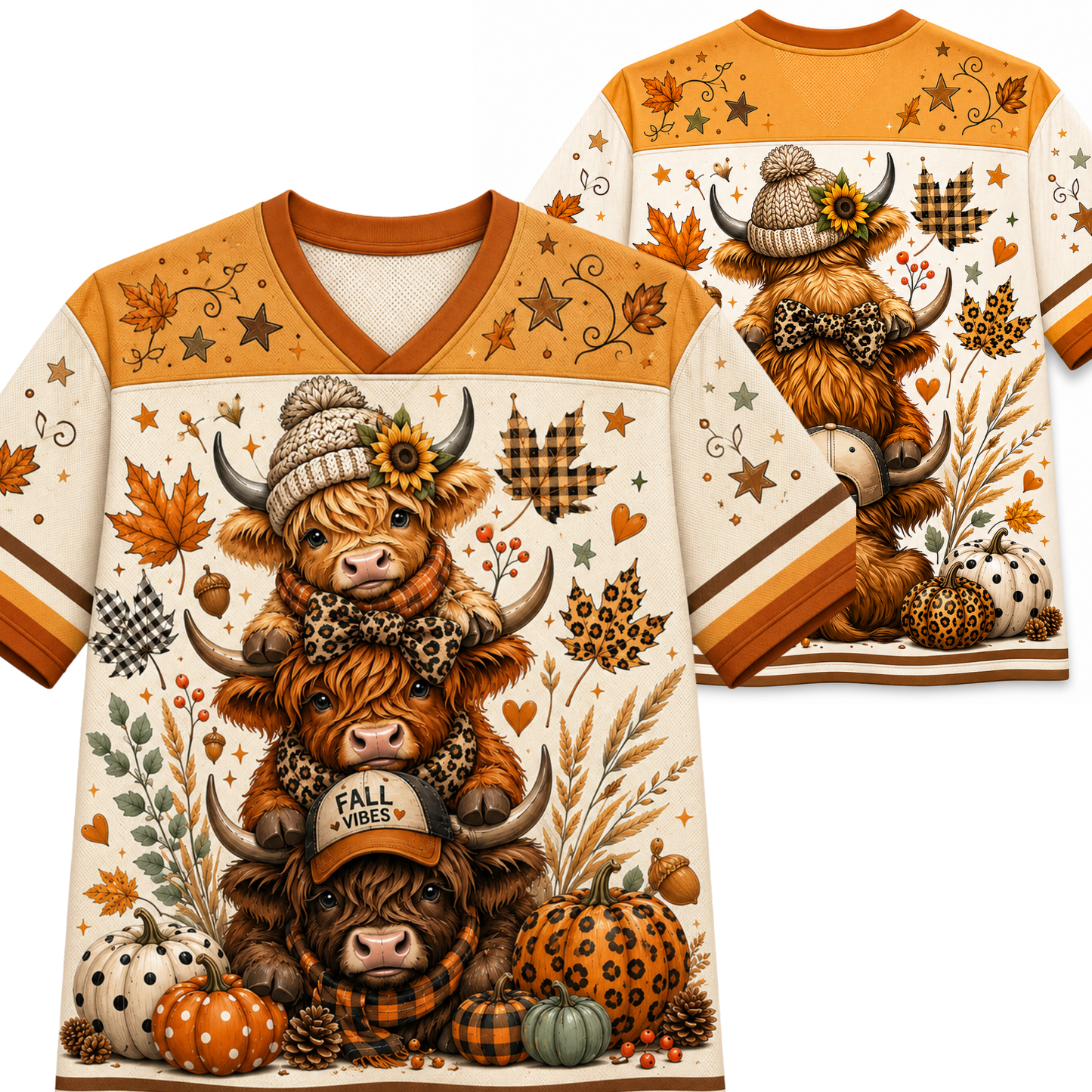 A long-sleeve V-neck graphic T-shirt shown from both front and back, featuring a stacked Highland cow illustration with autumn elements including pumpkins, plaid, stars, leaves, and sunflowers on an off-white background.