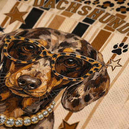 Close-up of a printed graphic featuring a dachshund illustration wearing leopard-print cat-eye glasses and a jeweled collar, on a beige background with stars, paw prints, and the word 'DACHSHUND'.