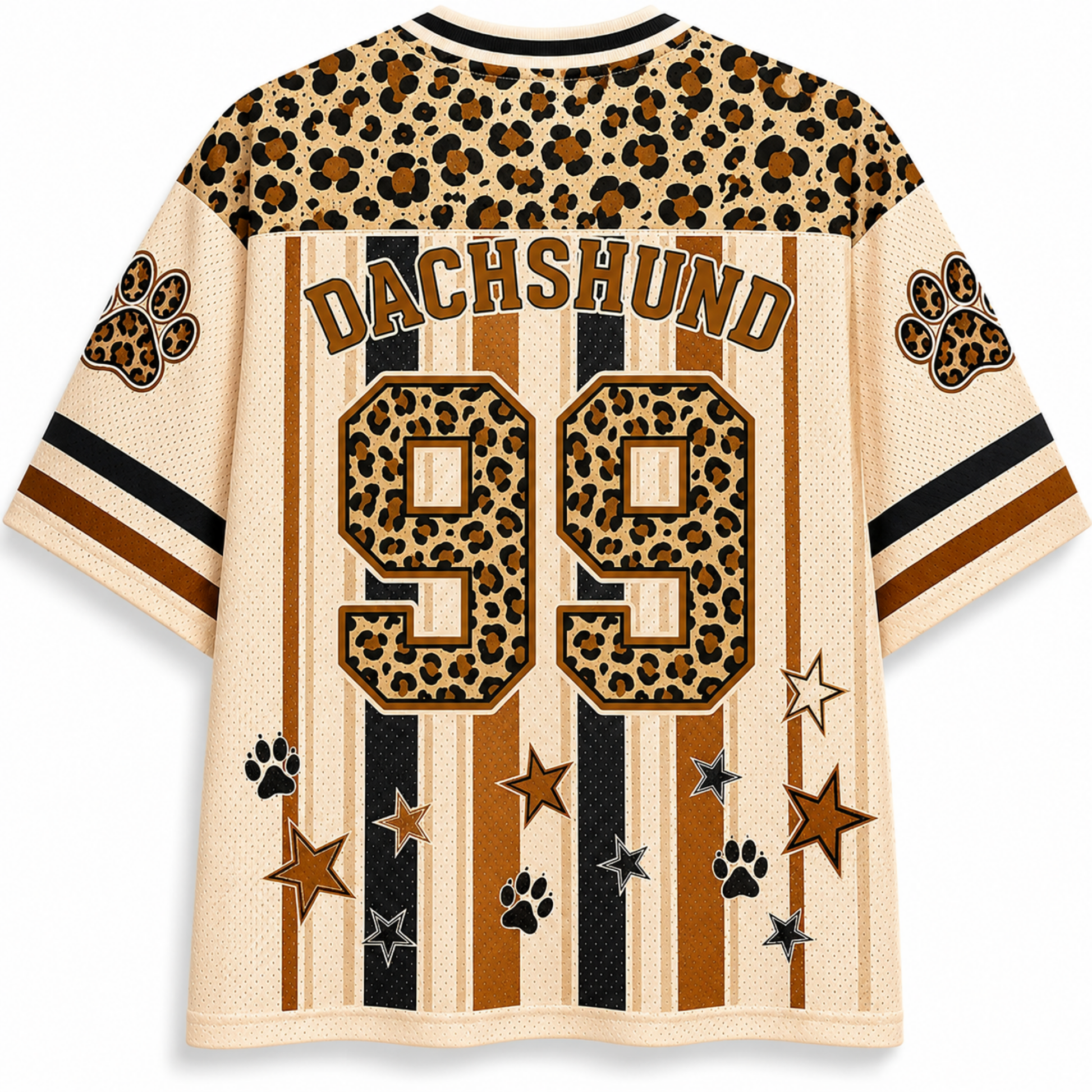 Back view of the Chaotic Club jersey showcasing 'DACHSHUND' typography above a leopard print athletic number 99 with leopard paw print accents.