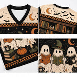 A four-panel product collage showing a Halloween-themed V-neck shirt from multiple angles. The shirt has a black and cream base with orange and brown graphic prints including bats, crescent moons, stars, a bookshelf, pumpkins, ghosts reading books, and witch hats.