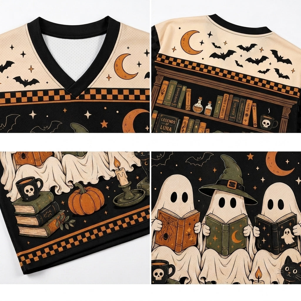 A four-panel product collage showing a Halloween-themed V-neck shirt from multiple angles. The shirt has a black and cream base with orange and brown graphic prints including bats, crescent moons, stars, a bookshelf, pumpkins, ghosts reading books, and witch hats.