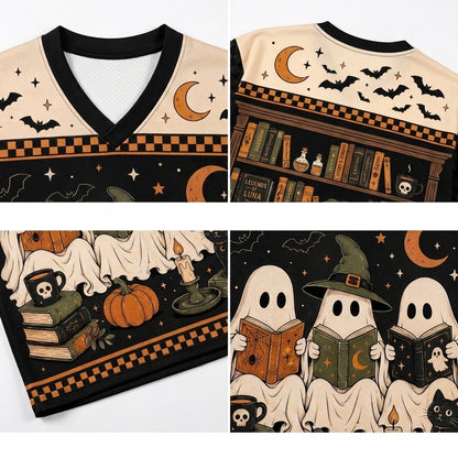 A four-panel product collage showing a Halloween-themed V-neck shirt from multiple angles. The shirt has a black and cream base with orange and brown graphic prints including bats, crescent moons, stars, a bookshelf, pumpkins, ghosts reading books, and witch hats.