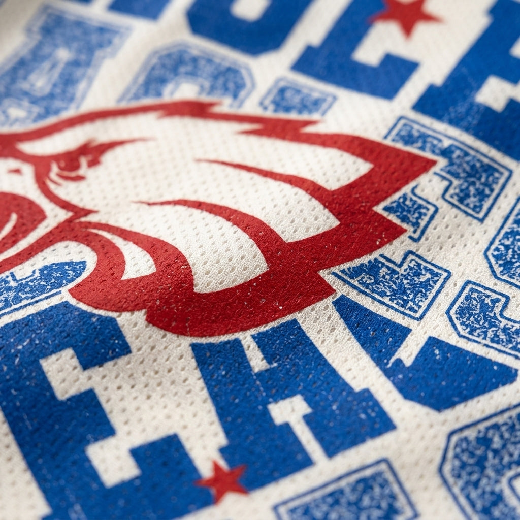 Close-up of a white textured sports jersey with a large red and white animal head graphic and bold blue lettering, including a red star.