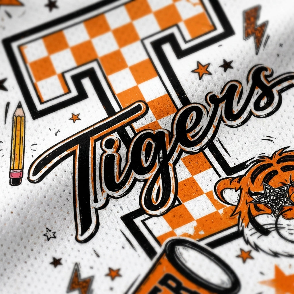 Close-up of a white athletic jersey or fabric featuring a large orange and black checkered letter T, the word 'Tigers' in black script, stars, lightning bolts, a pencil, and part of a tiger illustration.