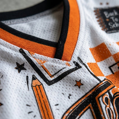 Close-up of a white mesh V-neck jersey with orange and black trim, featuring orange and black graphic illustrations including a pencil, stars, and checkerboard pattern.