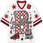 A white mesh V-neck football jersey with red and black trim, featuring a red and black checkerboard 'B' outline, the word 'Bulldogs' in script, red stars, lightning bolts, a gray bulldog graphic, and a 'Back to School' book patch on the chest.